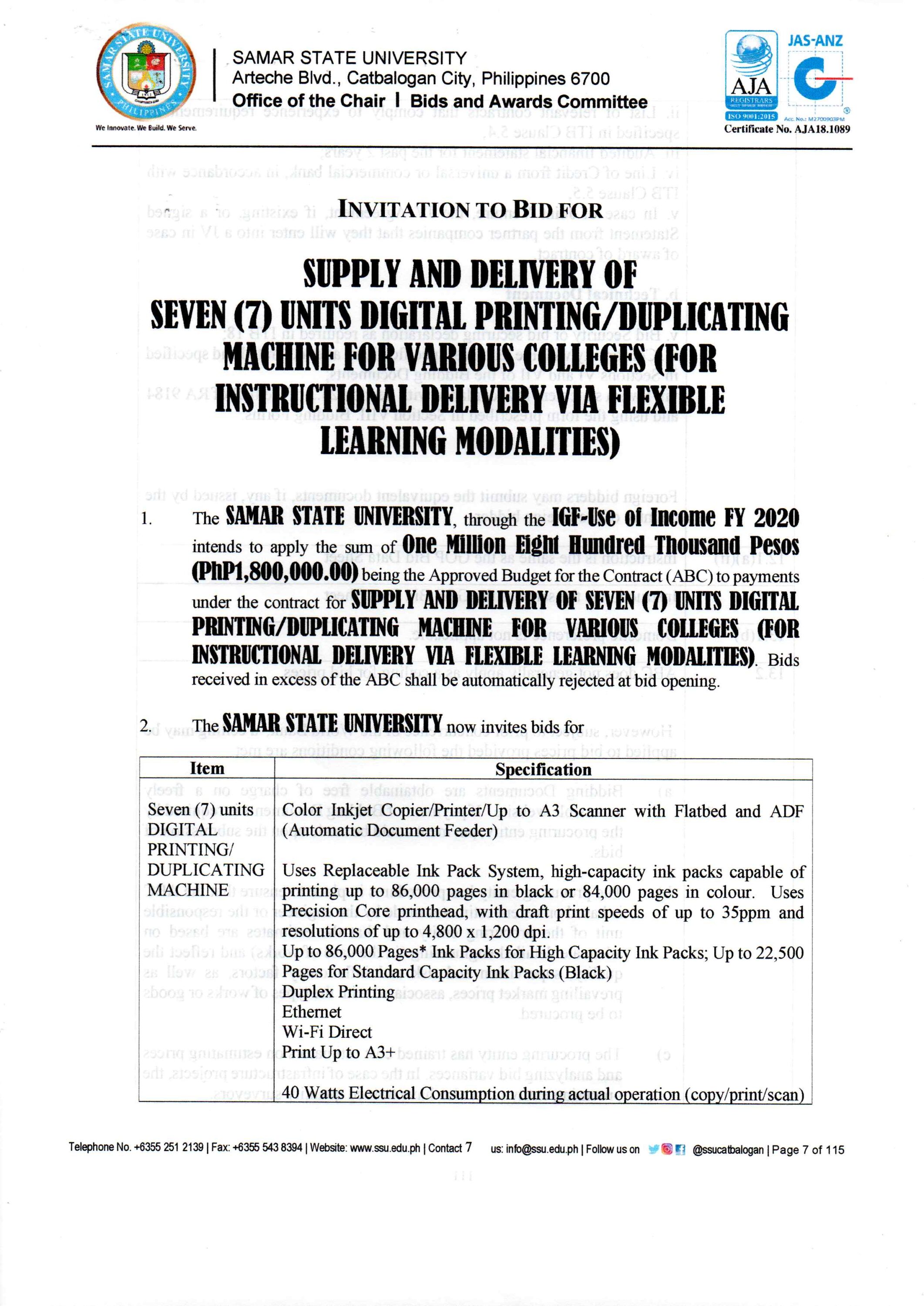 Supply and Delivery of Seven (7) Units Digital Printing / Duplicating Machine for Various Colleges (For Instructional Delivery Via Flexible Learning Modalities)